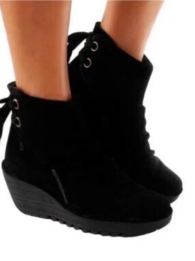 Fly London Yama Wedge Ankle Booties Boots Leather Suede Black Size 37 US 7